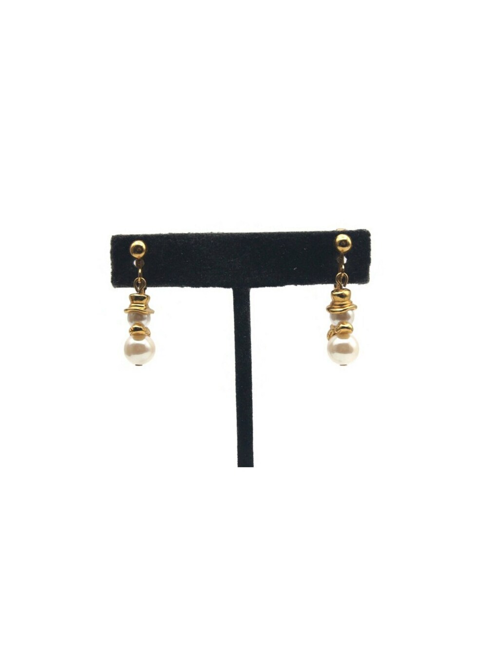 Vintage Gold Tone and Faux Pearls Snowman Clip On Earrings.